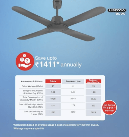 Havells 1200mm Libeccio BLDC Motor Ceiling Fan | Premium Finish with RF Remote, 100% Copper, Upto 60% Energy Saving | Low Noise: 55dB, 2 Year Warranty, Dust Resistant | (Pack of 1, Slate) - Image 4